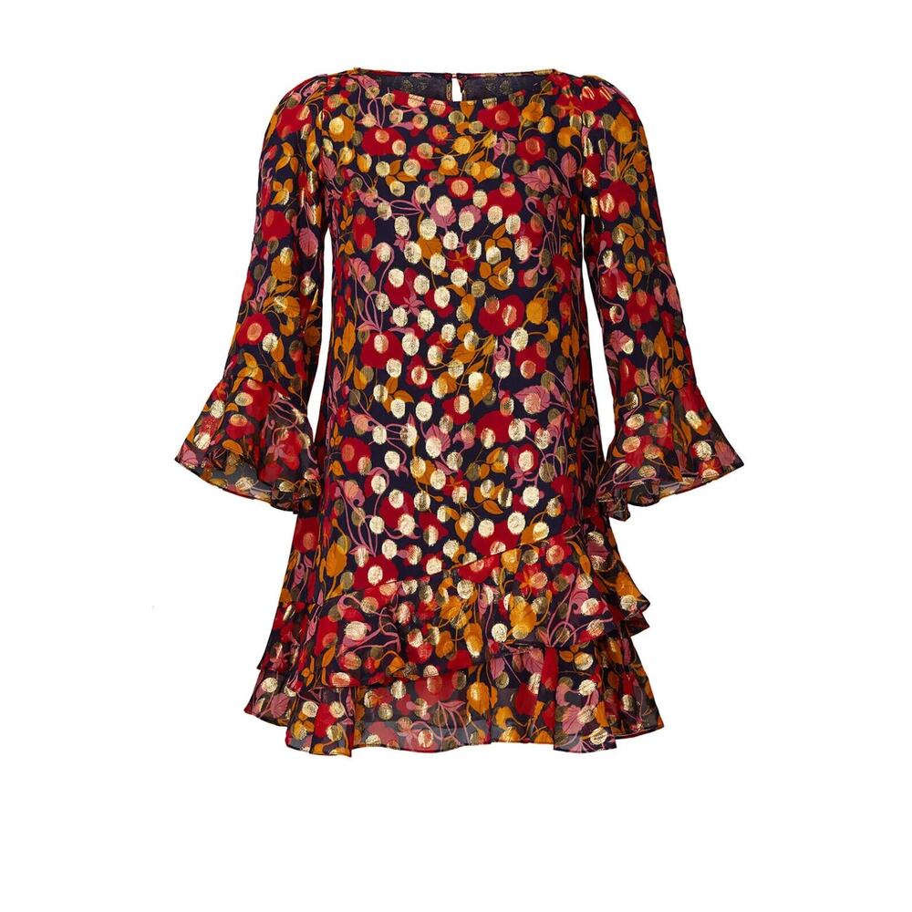 Saloni Polka Dot Marissa Mini Dress Ruffle Floral Metallic Silk Blend Size 8 - Picture 2 of 16